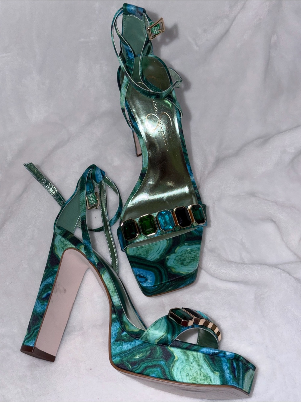 Emerald Green Patterned Gem-Embellished High Heel Sandals